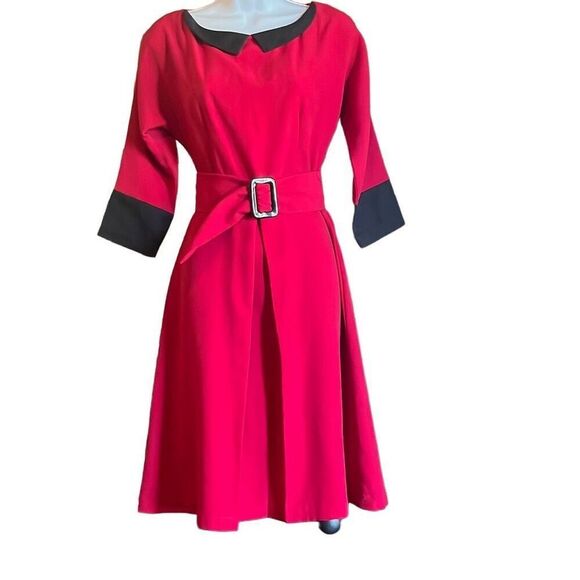 Red Black Womens Small Custom Made Fit N Flare Retro Pleat Front Dress OOAK - Picture 1 of 9